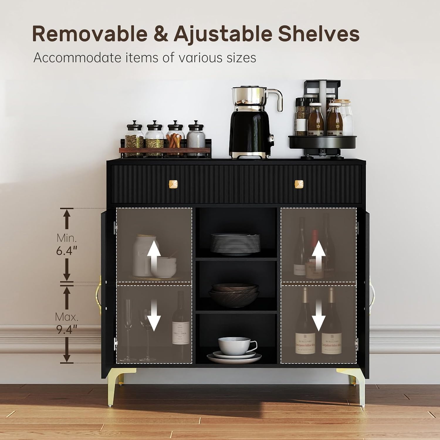 Black Sideboard Buffet Cabinet with Adjustable Shelves, Modern Storage Cabinet with Drawers and Doors, Sleek Buffet for Dining Room, Living Room, Entryway, 39.4 Inch