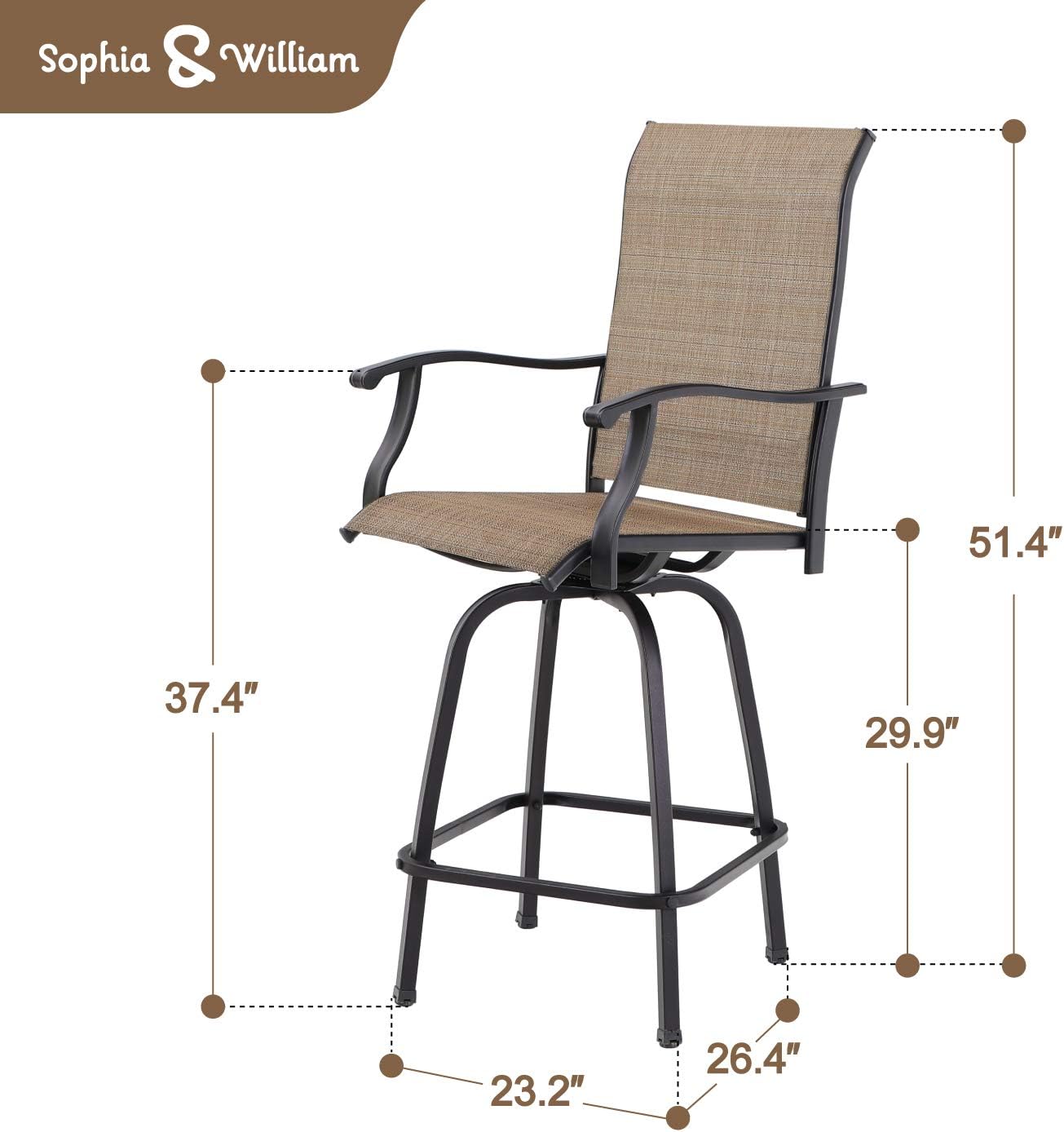 Sophia & William Outdoor Swivel Bar Stool Set of 2 Patio Bar Chair Breathable Textilene for Bistro Lawn All Weather Furniture Set, Brown
