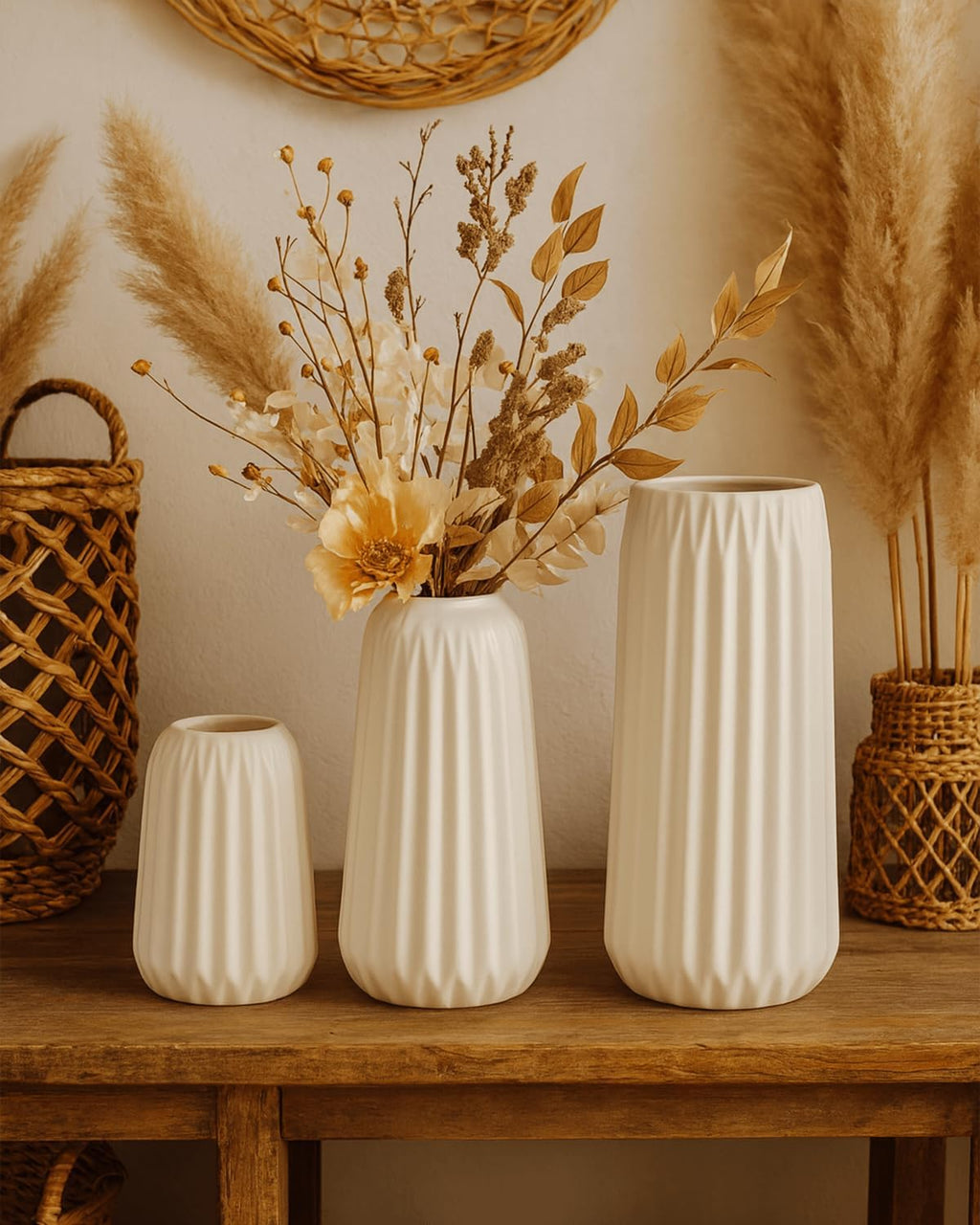 White Ceramic Vases Set of 3 – Modern Ribbed Vase Centerpieces for Pampas Grass, Eucalyptus, Dried or Fresh Flowers, Minimalist Home Decor for Living Room, Bookshelf, Table & Office