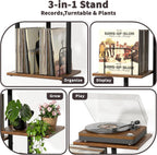Bikoney Botanical Record Player Stand,Vinyl Record Storage Holder with Plant Stand, Vintage Turntable Stand Table with Record Album Display Shelf,Unique Record Console Cabinet,Mid Century Modern Wood