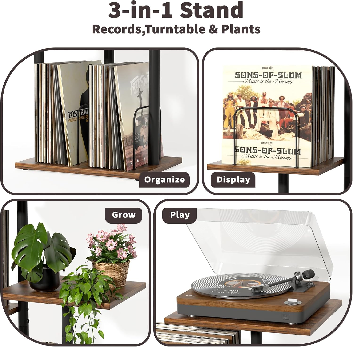 Bikoney Botanical Record Player Stand,Vinyl Record Storage Holder with Plant Stand, Vintage Turntable Stand Table with Record Album Display Shelf,Unique Record Console Cabinet,Mid Century Modern Wood