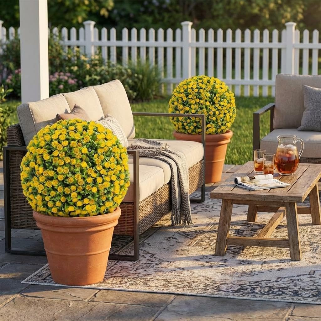 OUTLANE 17.7" Artificial Rose Topiary Balls, 2 PCS Yellow Faux Floral Spheres with Hanging Chains & Zip Ties, Large Fake Flower Balls for Outdoor Porch, Patio, Indoor Wedding Decor