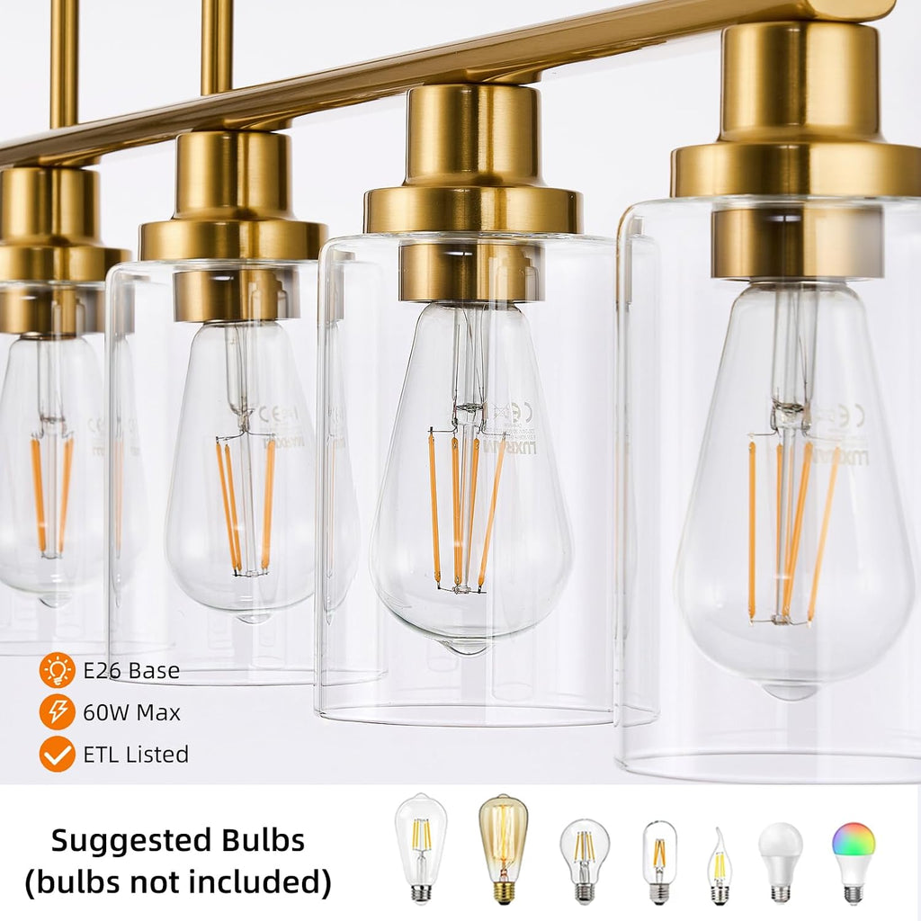 Kitchen Island Lighting, 6-Light Modern Dining Room Light Fixture Over Table,44.3'' Vintage Farmhouse Gold Linear Chandelier, Industrial Pendant Lights for Kitchen Island with Clear Glass Shade
