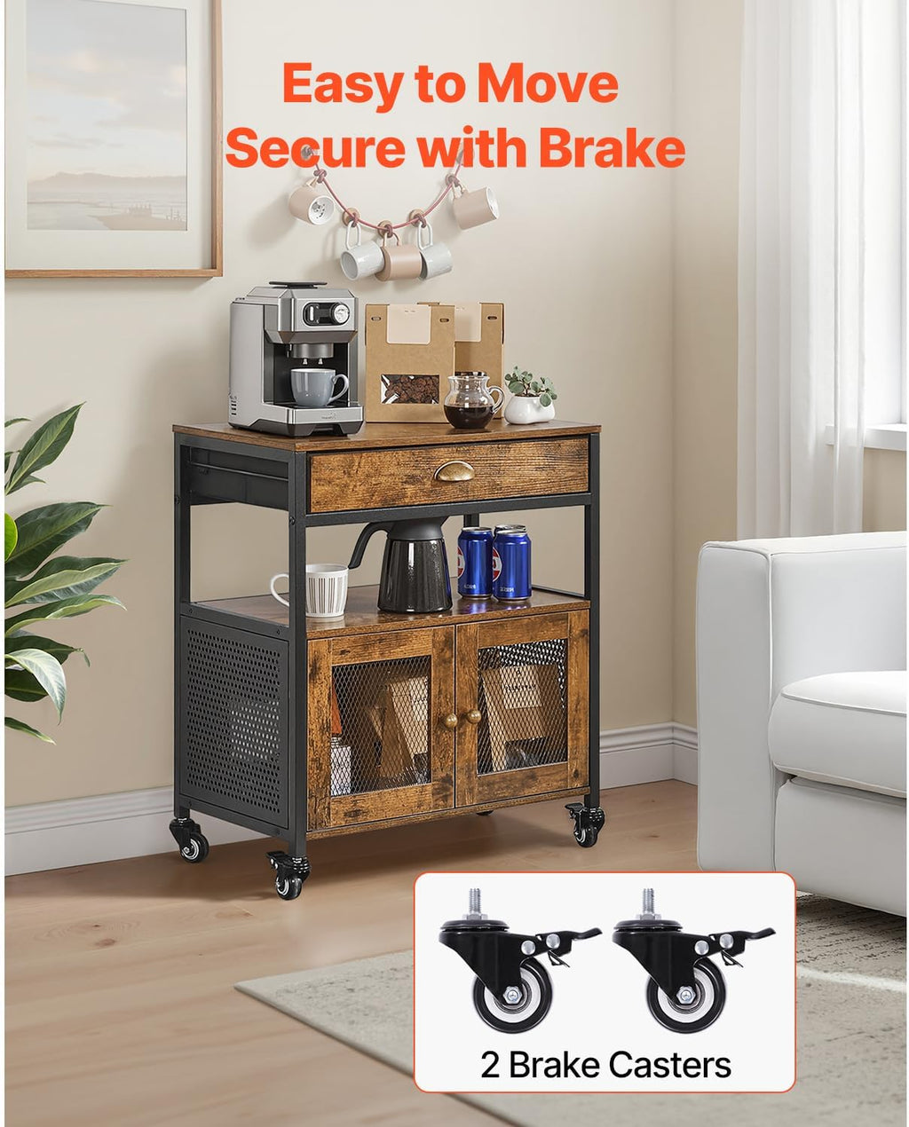 VEVOR Coffee Bar Cabinet, 24 Inch Farmhouse Bar Cabinet with Storage, Movable Coffee Table with Wheels & Mesh Door, Sideboard Buffet for Kitchen, Entryway