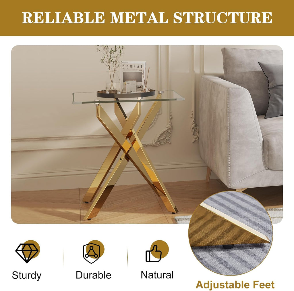 Glass End Table, Square Side Table with Tempered Glass Top & Gold Metal Legs, Modern Living Room Accent Table for Small Space, Bedroom, Apartment, Easy to Assemble