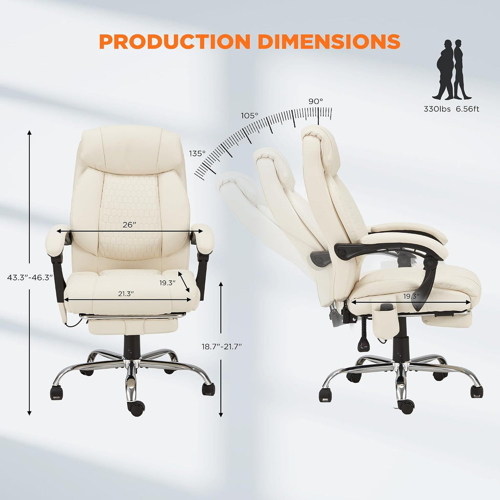 HOMREST Heated Office Chair, Beige | Vibrating Massage, Ergonomic Executive Desk Chair, Retractable Footrest and Lumbar Support, High-Back Reclining PU Leather