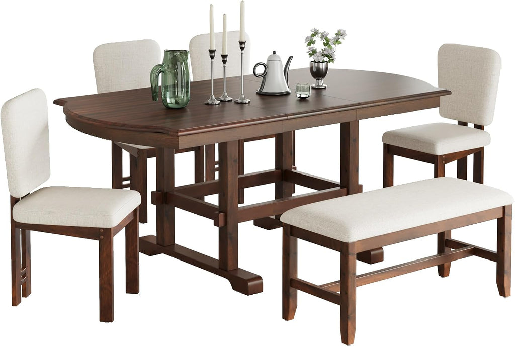 6-Piece Traditional Dining Table Set, 78" Extendable Wood Table with 18" Removable Leaf, 4 Upholstered Dining Chairs & 1 Bench, Espresso & Beige
