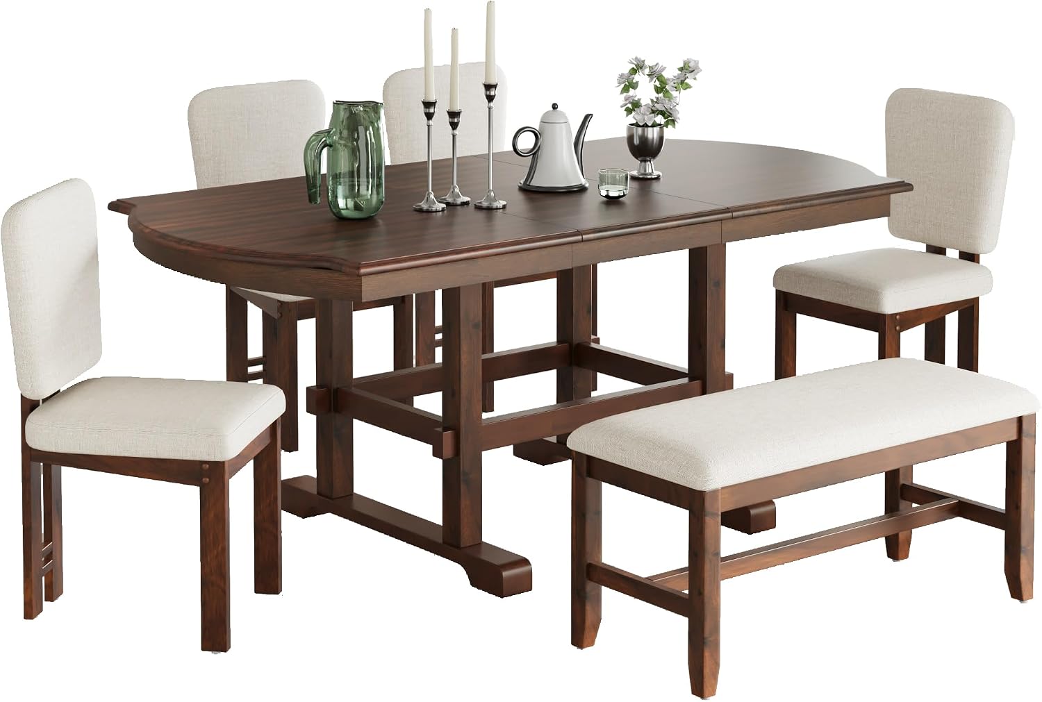 6-Piece Traditional Dining Table Set, 78" Extendable Wood Table with 18" Removable Leaf, 4 Upholstered Dining Chairs & 1 Bench, Espresso & Beige