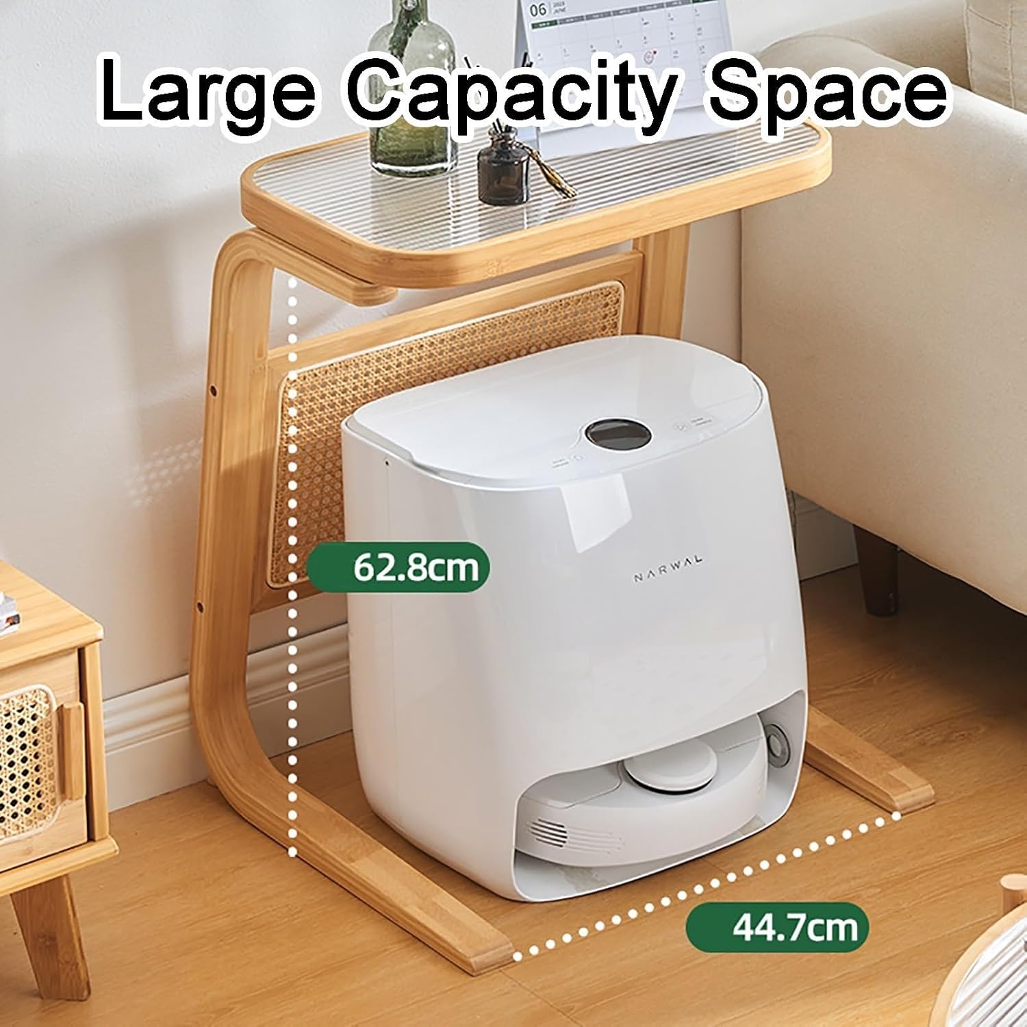 Side Table with Glass Top Over The Robot Storage Shelf C-Shaped End Table Sweeping Robot Storage Rack for Home Lightweight