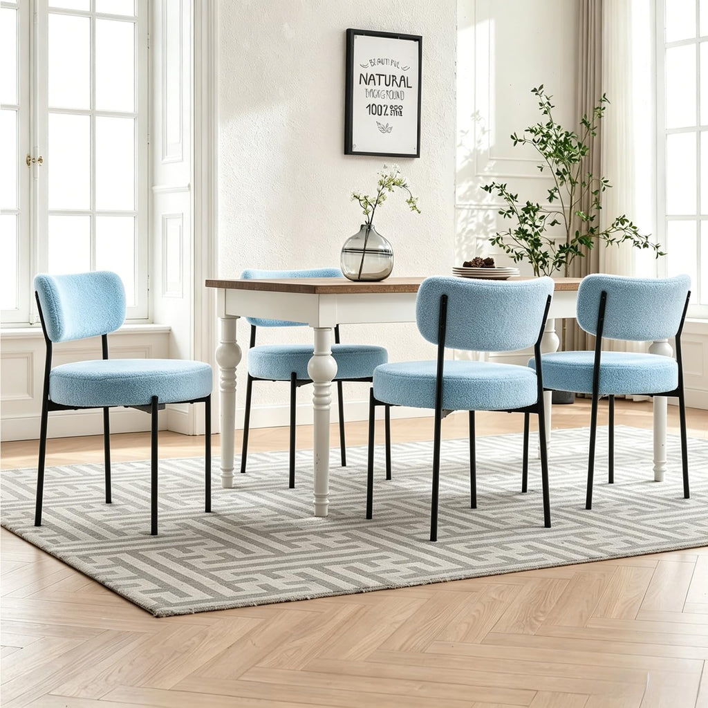 Boucle Dining Chairs Set of 2, Blue Mid Century Modern Kitchen Dining Room Chairs with Curved Backrest and Metal Frame, Round Upholstered Dining Chairs for Kitchen, Living Room