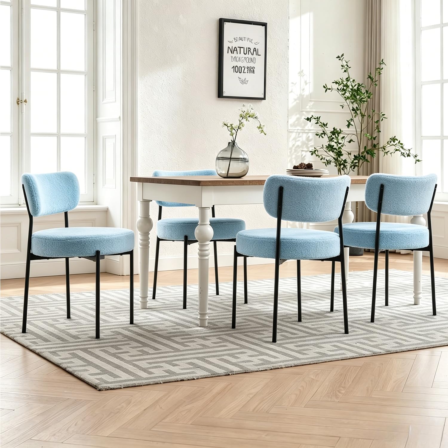 Boucle Dining Chairs Set of 2, Blue Mid Century Modern Kitchen Dining Room Chairs with Curved Backrest and Metal Frame, Round Upholstered Dining Chairs for Kitchen, Living Room