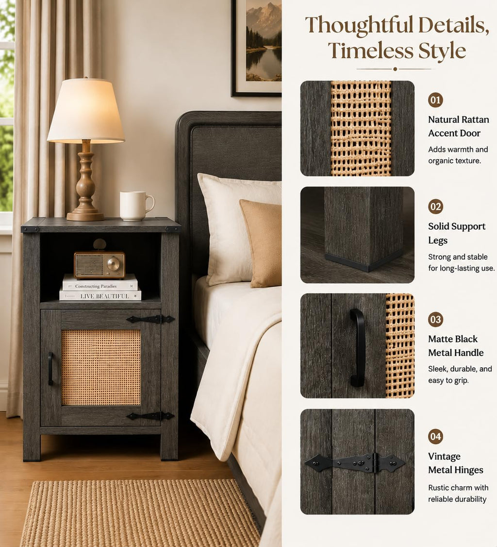 Miereirl Rattan Nightstand Set of 2 with Cabinet, Boho Farmhouse, Dark Gray | Hand-Woven Rattan Door, Open Shelf & Cord Hole, Magnetic Close, Quiet Hinge, Bedroom End Table, Easy Assembly