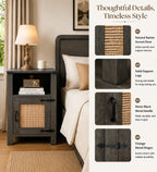 Miereirl Rattan Nightstand Set of 2 with Cabinet, Boho Farmhouse, Dark Gray | Hand-Woven Rattan Door, Open Shelf & Cord Hole, Magnetic Close, Quiet Hinge, Bedroom End Table, Easy Assembly