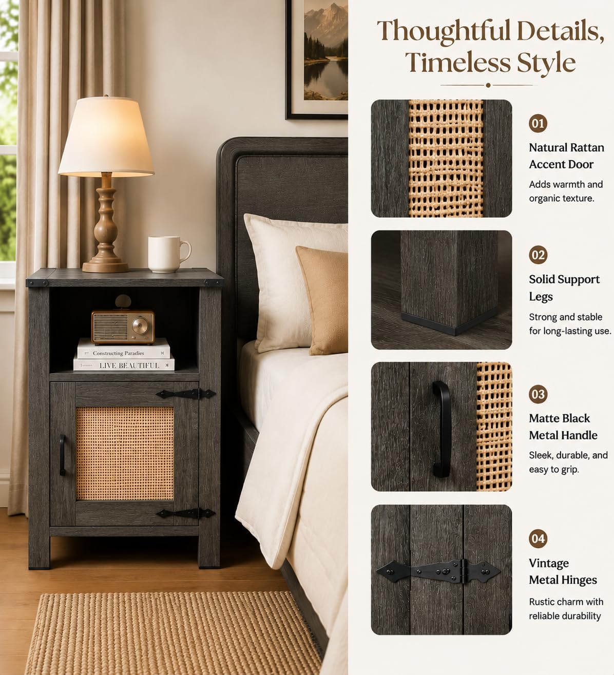 Miereirl Rattan Nightstand Set of 2 with Cabinet, Boho Farmhouse, Dark Gray | Hand-Woven Rattan Door, Open Shelf & Cord Hole, Magnetic Close, Quiet Hinge, Bedroom End Table, Easy Assembly
