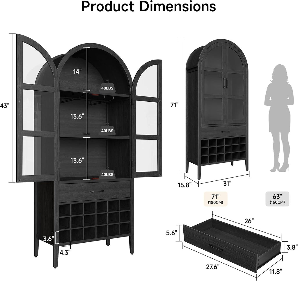 ONBRILL 71" Tall Arched Wine Bar Cabinet with Storage, Bar Cabinets with Doors and Shelves, Liquor Cabinet for Home, Kitchen Pantry for Dining Living Room (Black)