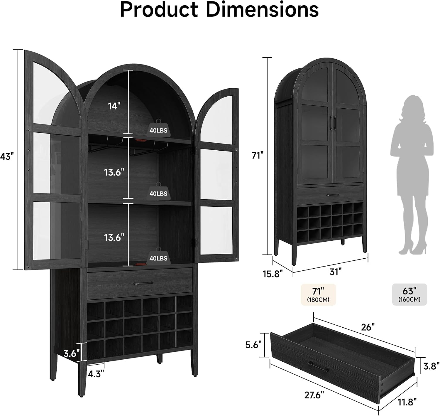 ONBRILL 71" Tall Arched Wine Bar Cabinet with Storage, Bar Cabinets with Doors and Shelves, Liquor Cabinet for Home, Kitchen Pantry for Dining Living Room (Black)