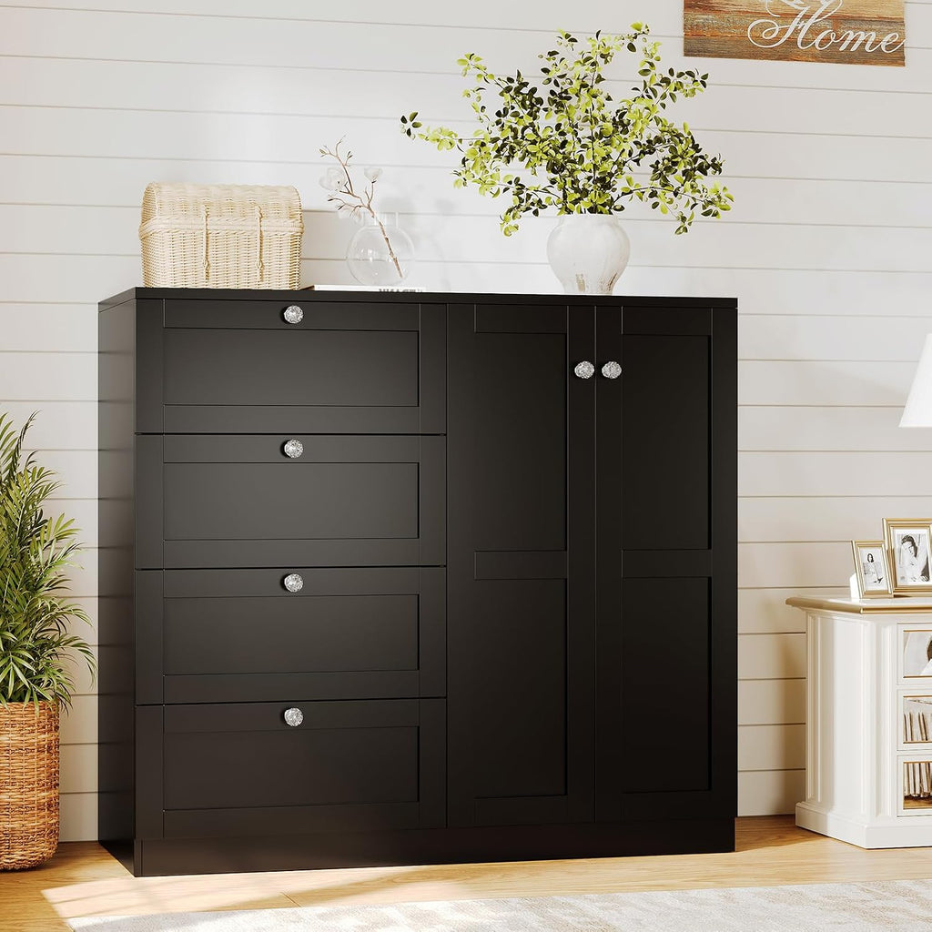 VOWNER 43''H Armoire Wardrobe Closet with 4 Drawers and 2 Doors | Small Clothing Storage Cabinet Dresser with Hanging Rod, Baby Closet Clothes Wardrobe for Bedroom, Black