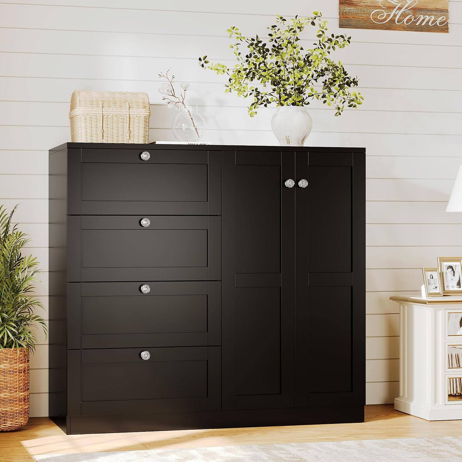 VOWNER 43''H Armoire Wardrobe Closet with 4 Drawers and 2 Doors | Small Clothing Storage Cabinet Dresser with Hanging Rod, Baby Closet Clothes Wardrobe for Bedroom, Black