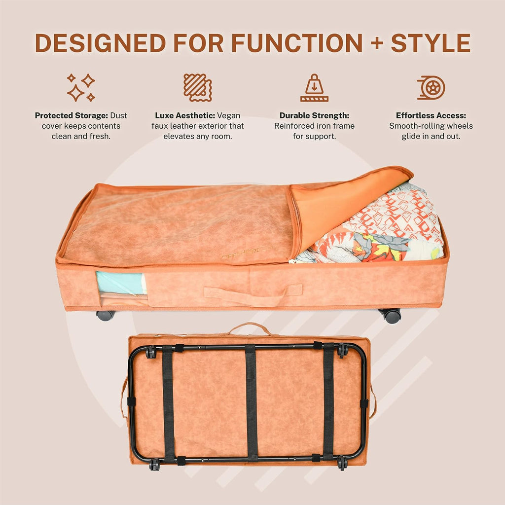 Premium Under Bed Storage with Wheels, Low Profile Rolling Storage Box in Vegan Leather with Metal Frame, Pull-Out Underbed Organizer for Bedroom or Closet, Housewarming or Wedding Gift