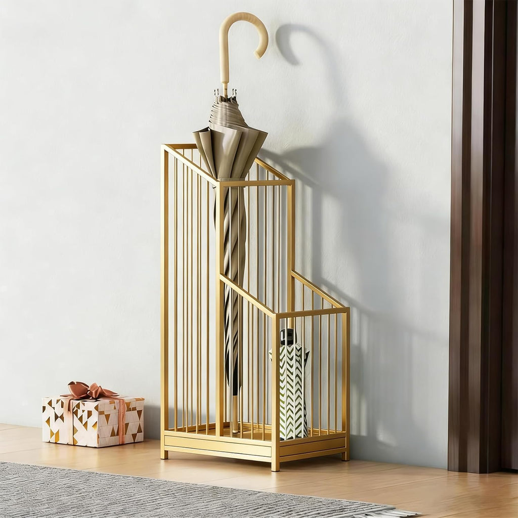 Indoor Gold Umbrella Stand with Drip Tray, Minimalist Luxury Design, Stylish Gold Umbrella Holder for Entryway, Living Room, Hotel, Easy to Clean & Space-Saving