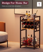 3-Tier Wine Rack Freestanding Floor with Wood Top, Liquor Stand with Wine Bottle Holder, Corner Wine Bar Table for Small Space, Metal Whiskey Shlef for Kitchen, Cellar, Living Room, Black