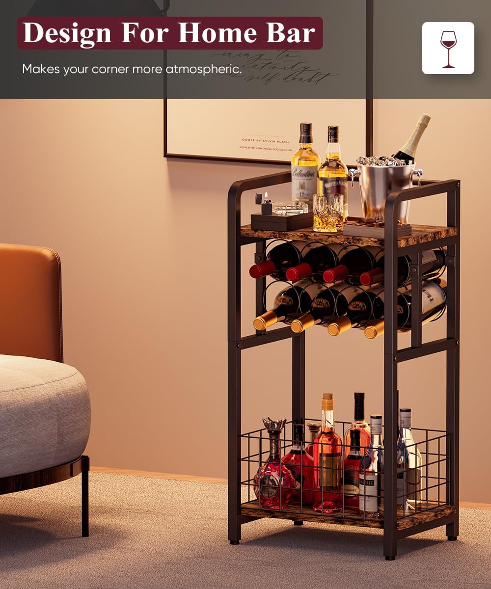 3-Tier Wine Rack Freestanding Floor with Wood Top, Liquor Stand with Wine Bottle Holder, Corner Wine Bar Table for Small Space, Metal Whiskey Shlef for Kitchen, Cellar, Living Room, Black