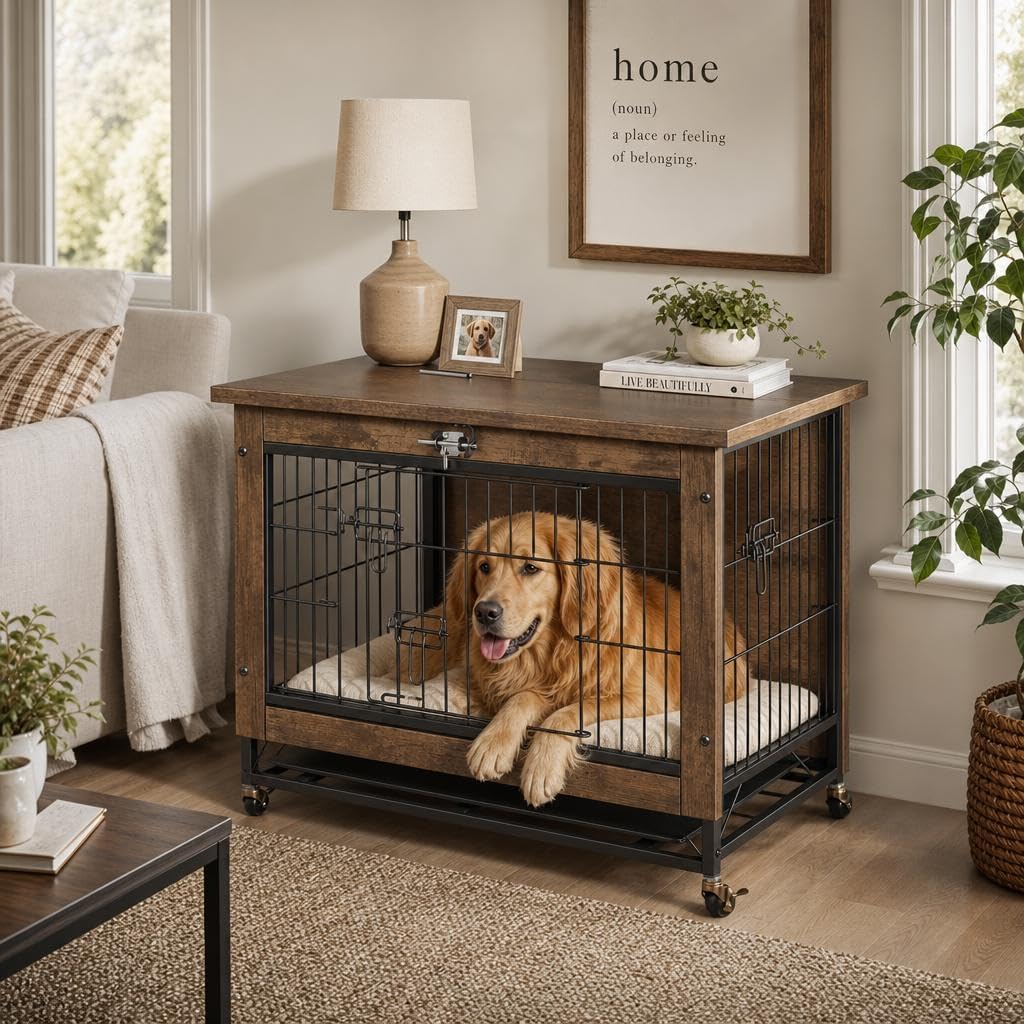Rustic Brown Wooden Dog Crate End Table with Dual Doors & Lockable Wheels, Indoor Kennel for Small Medium Dogs 26.4" w×19.7" d×25.6" h