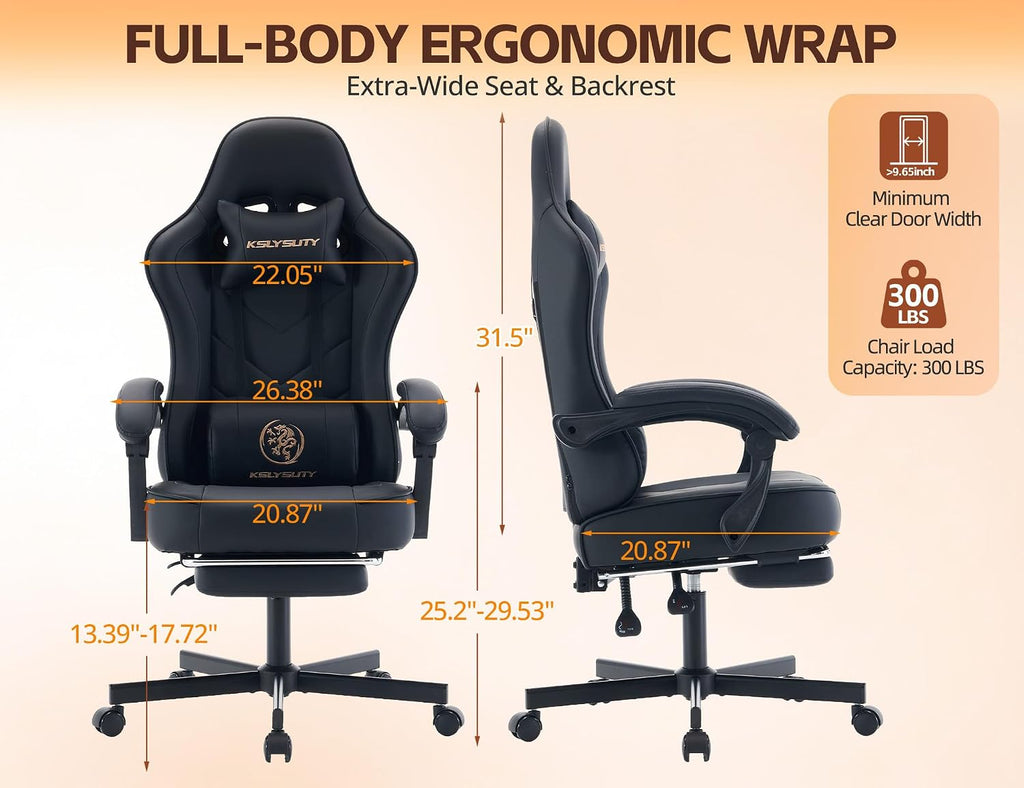 Gaming Chair with Footrest, Ergonomic Reclining Computer Chair, Height Adjustable, Lumbar Support, Adjustable Headrest, 360° Swivel High Back Chair for Home, Gaming (Black Leather)