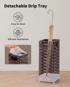 Rattan Umbrella Stand, Umbrella Holder for Entryway, Hand Woven Umbrella Rack Organizer Freestanding, with a Detachable Drip Tray, 4 Hooks, 6.5" L x 6.5" W x 16.5" H, Brown