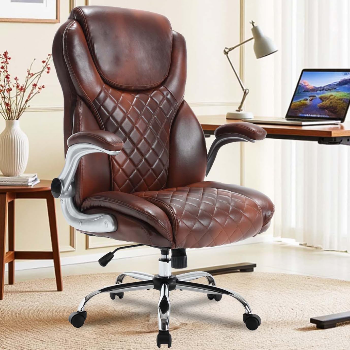 Leather Office Chair Brown with Flip up Arms, Big and Tall High Back Executive Office Desk Chairs with Wheels, Rocking Managerial Ergonomic Home Computer Chairs with Lumbar Support, Brown