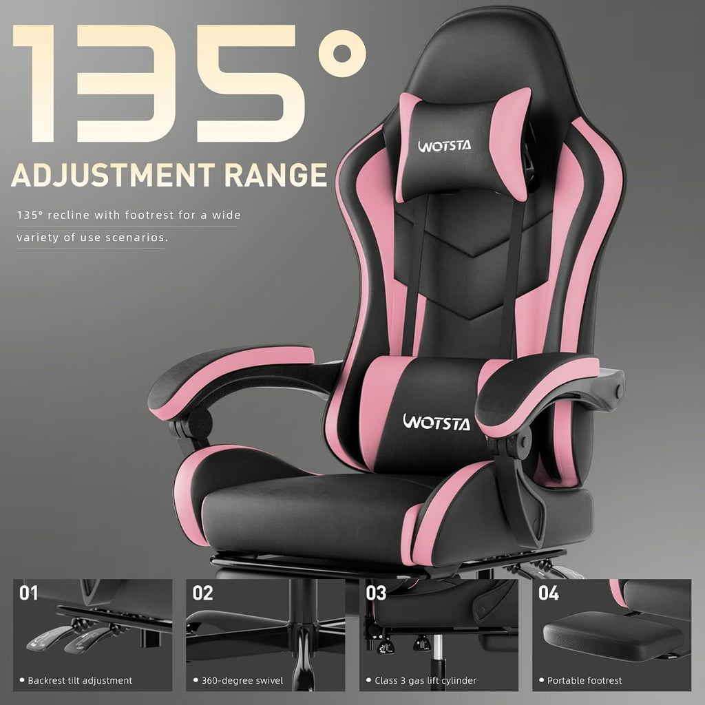 Gaming Chair with Footrest, Ergonomic Gaming Chair, Computer Chair with Lumbar Support, Headrest, Height Adjustable PC Chairs with 360° Swivel Seat for Office or Gaming Blackpink