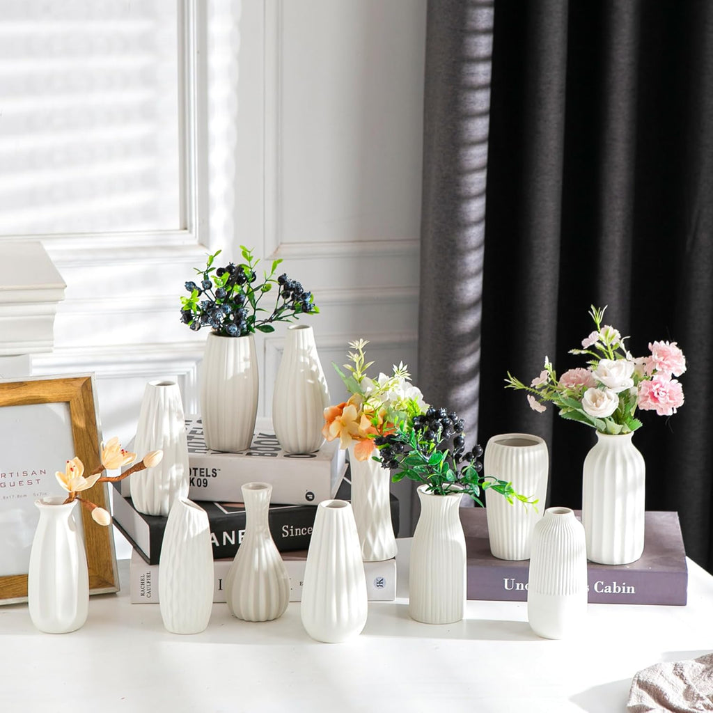 Kimdio White Ceramic Bud Vase for Table Decor, 12pcs Small Pottery Vases for Flowers Mini Ceramic Vases for Pampas Grass Vase Bulk for Wedding Dining Room Christmas Home
