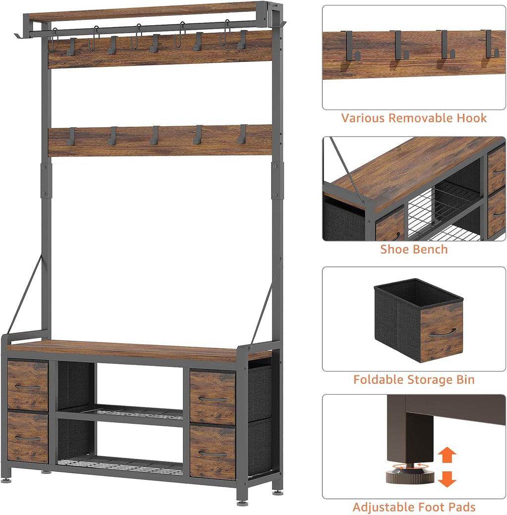 39" Hall Tree with Storage Coat Rack freestanding Entryway Furniture Bench, 5 in 1 Design Front Door Shoe Rack and Wall Rack Hooks, and 4 Drawers (Rustic Brown)