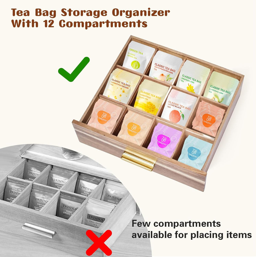NANXITU Acacia Wood Tea Holder Organizer, Tea Box Organizer Storage Box | Tea Caddy for Tea Bags Organizer Drawer, with12 Compartments Multi-Functional Tea Station Chest for Countertop