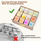 NANXITU Acacia Wood Tea Holder Organizer, Tea Box Organizer Storage Box | Tea Caddy for Tea Bags Organizer Drawer, with12 Compartments Multi-Functional Tea Station Chest for Countertop