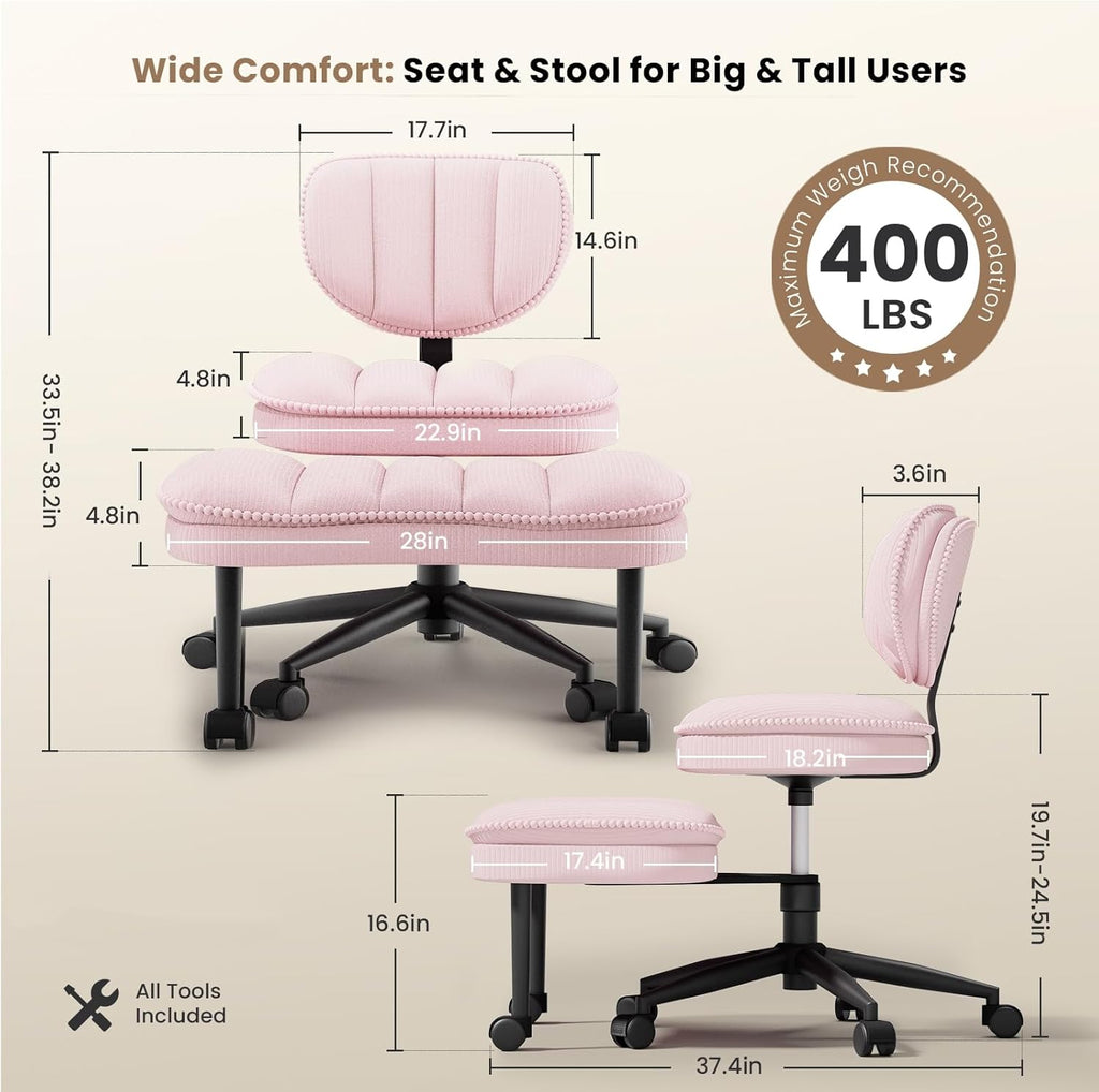 HOMRELEXA Extra-Wide & Tall Cross-Legged Office Chair – Deeply-Padded Cloud Seat, Ergonomic Back Support, Adjustable Height for ADHD & Meditation, Pink