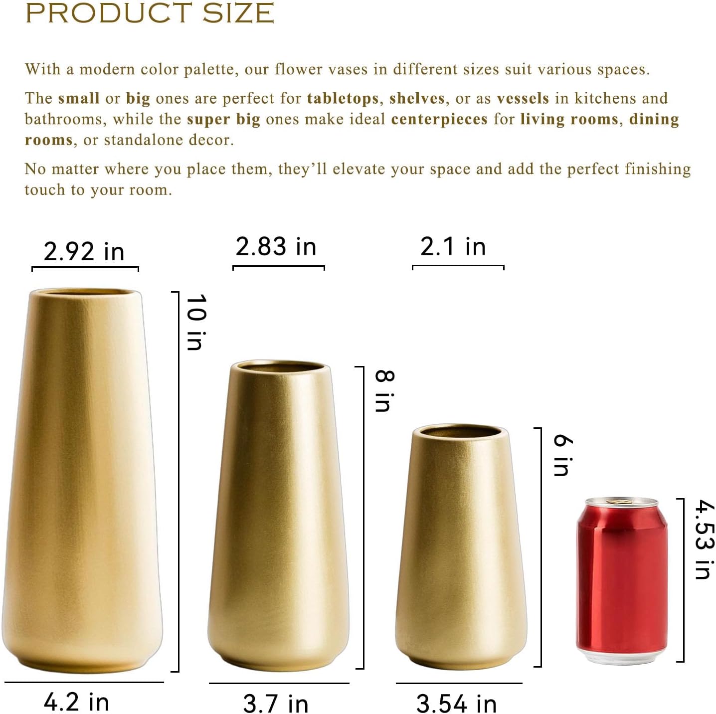Light Gold Vase - 6" Gold Ceramic Flower vase for Home/Table/Accent Decor, Minimalist Modern Vases Ceramic for Centerpieces, Room Decor, Living Room, Bedroom or Gift