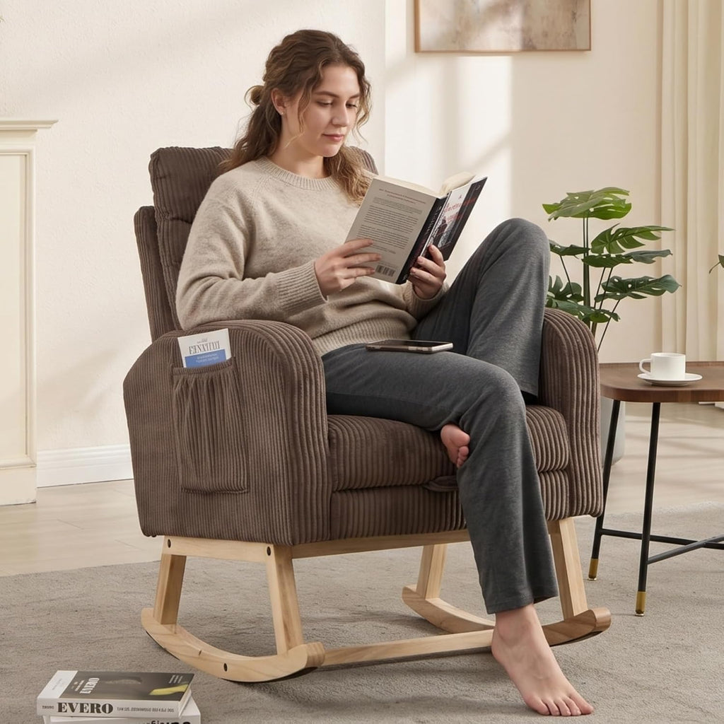 NIOIIKIT Nursery Rocking Chair, Corduroy Upholstered Rocking Chair with Adjustable Footrest, Tufted Rocker Chair with Side Pocket, Glider Rocker for Living Room, Bedroom (Brown Retro)