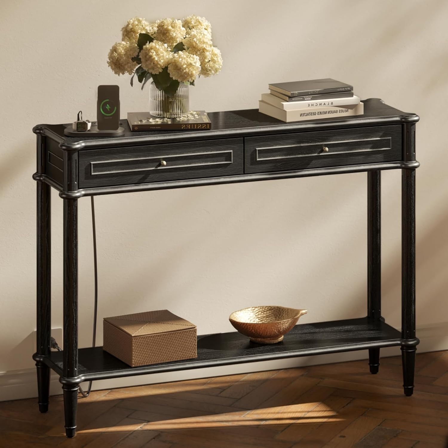 Solid Wood Console Table for Entryway with Charging Station,Retro Entryway Table with 2 Drawers-Easiest Assembly,Sofa Table with Bottom Shelf,Narrow Long Couch Table Behind Sofa for Living Room,Foyer
