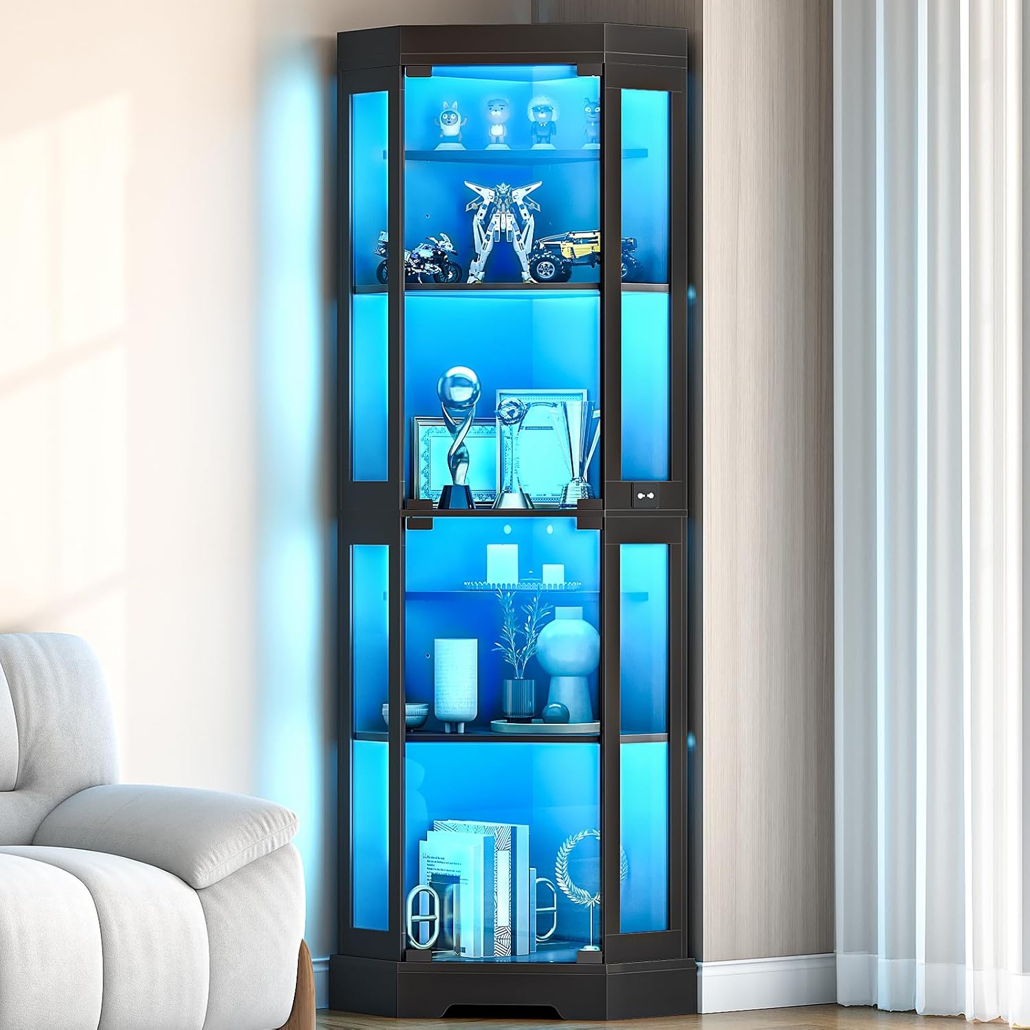 HOOBRO Corner Display Cabinet with Glass Doors，67.9" Glass Display Cabinet with LED Lights, 6-Tier Curio Cabinets for Collectibles, Books, Modern Display Case Corner Bookcase, Black BK02DDC01