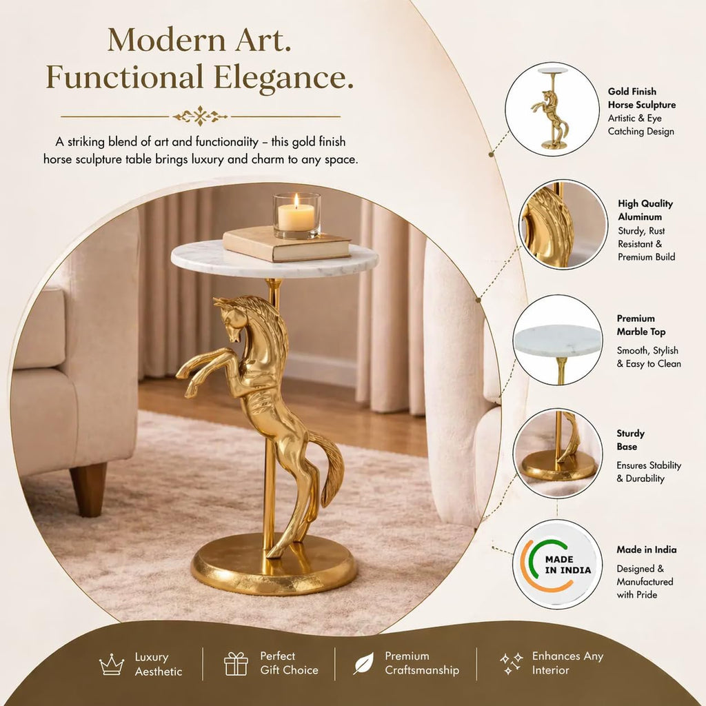 Horse Side Table with White Marble Top | Decorative Sculptural End Table | Aluminum Base | Gold Accent Table for Living Room | 10x10x25.5