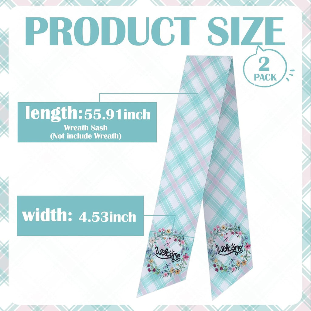 Spring Wreath Sash for Front Door - 2 Pcs Plaid Welcom Wreath Sashes with Flowers for Farmhouse Home Decor, 60 Inch Rustic Green Pink Wreaths Sash for Doorway Yard Indoor Outdoor