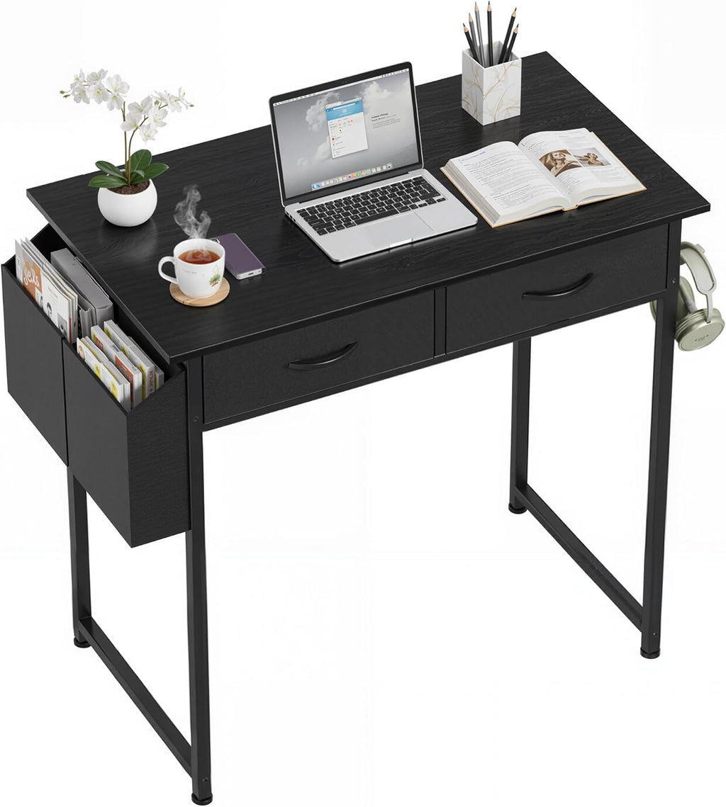 OLIXIS 32 Inch Small Desk with Fabric Drawers for Home Office, Gaming Computer Desk with Side Bag & Headphone Hook, Writing Study Work Table for Bedroom Small Space, Black