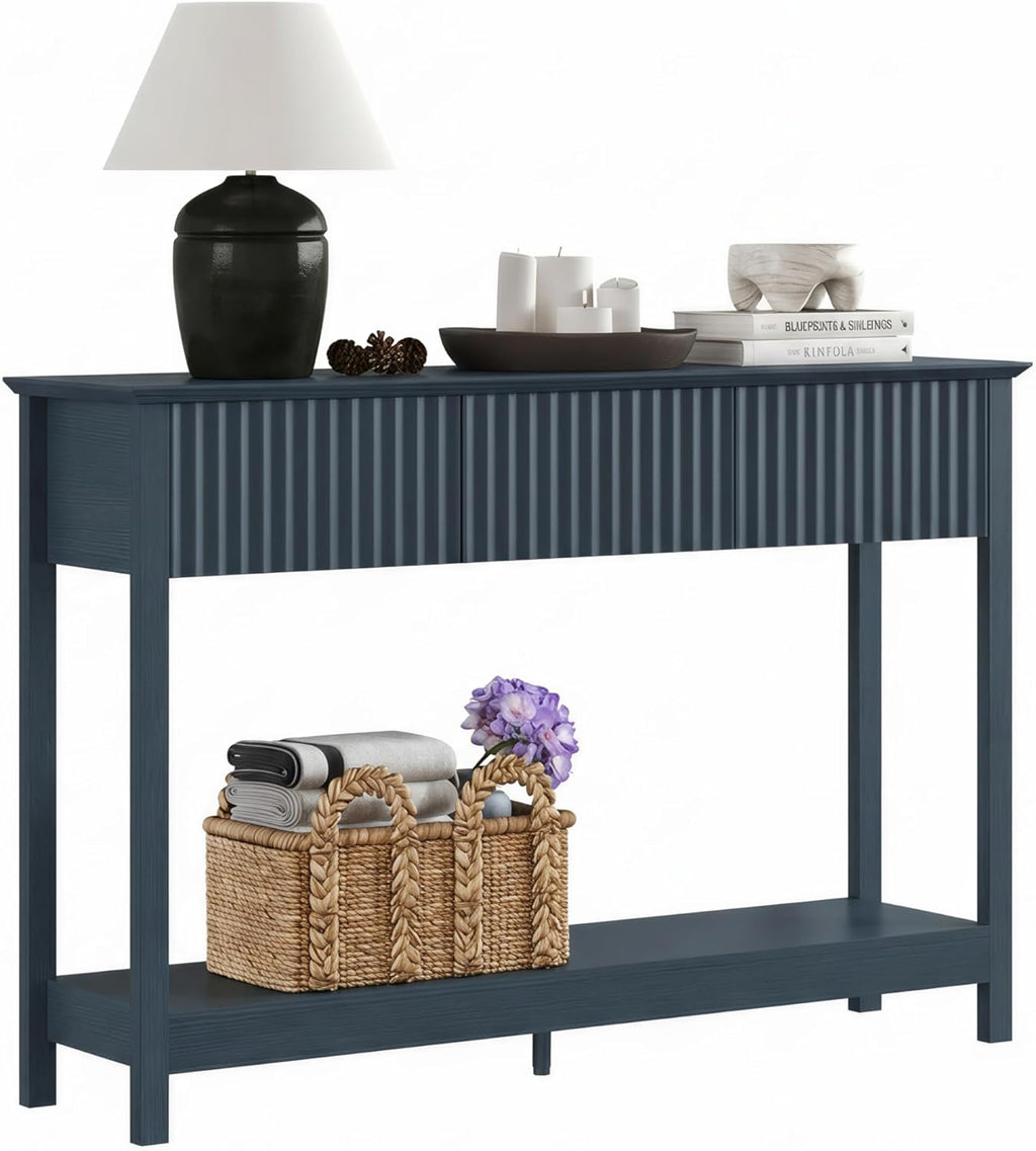 Treocho 47" Fluted Console Table with 3 Drawers, Narrow Long Entryway Table with Storage and Shelf, 2-Tier Sofa Table Behind Couch Accent Tables for Entrance Foyer, Hallway, Living Room, Blue