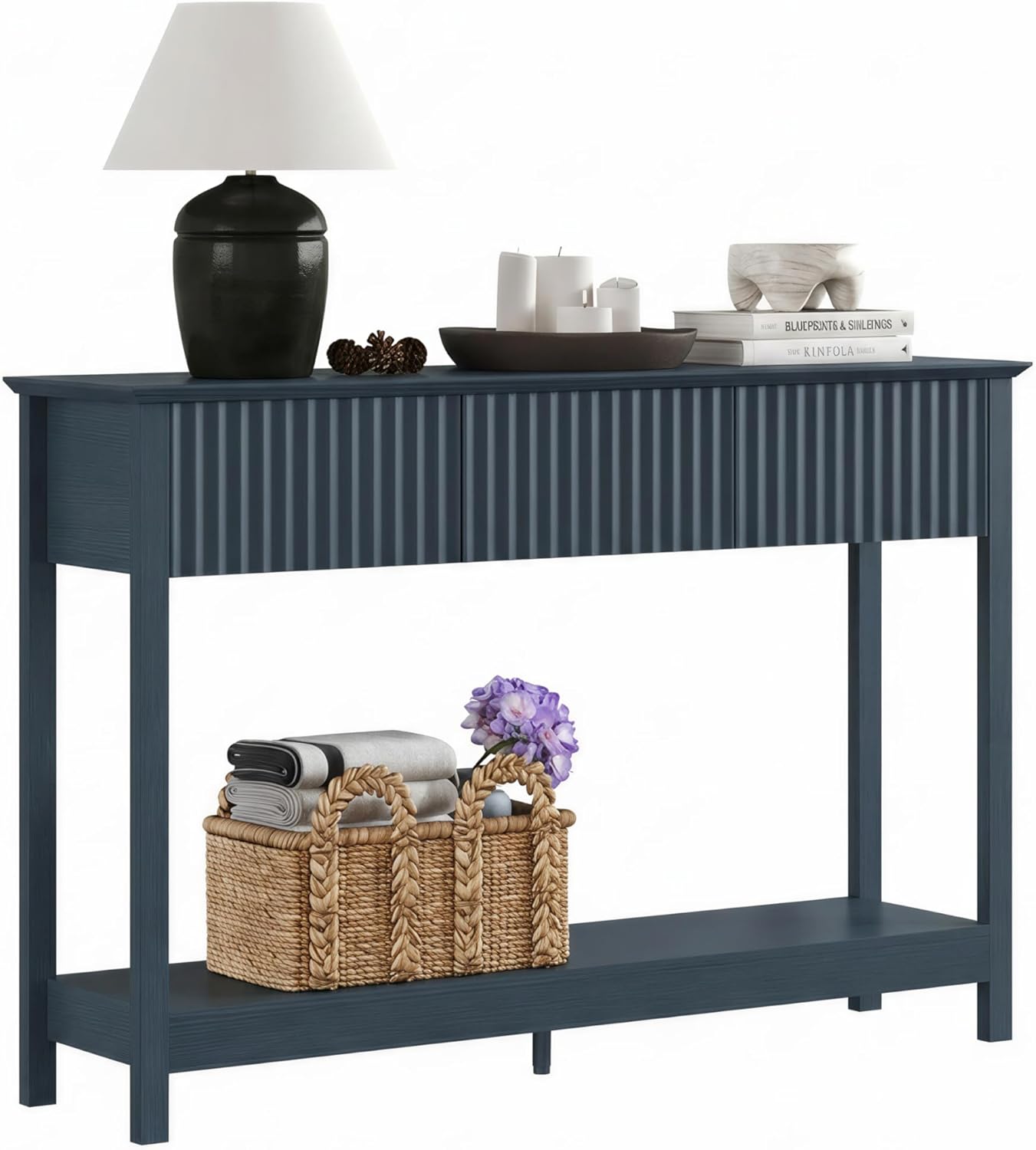 Treocho 47" Fluted Console Table with 3 Drawers, Narrow Long Entryway Table with Storage and Shelf, 2-Tier Sofa Table Behind Couch Accent Tables for Entrance Foyer, Hallway, Living Room, Blue