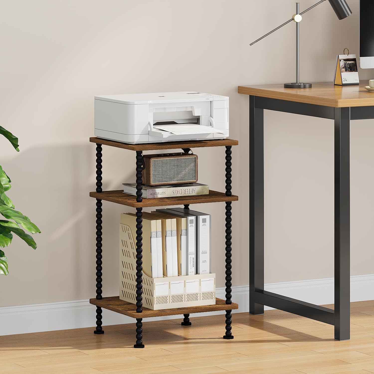 YINMIT Side Table,3-Tier End Table with Metal Legs,Open Storage Nightstand | Small Side Table,Safe Rounded Corners,Adjustable Feet,Vintage Spindle Design For Small Place Bedroom Living Room Office