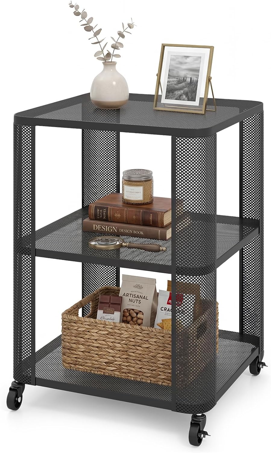 Giantex 3-Tier End Table, Rolling Side Table w/Open Storage Shelves, Sturdy Mesh Metal Frame & Lockable Wheels, Mobile Small Bedside Night Stand for Bedroom Living Room Office