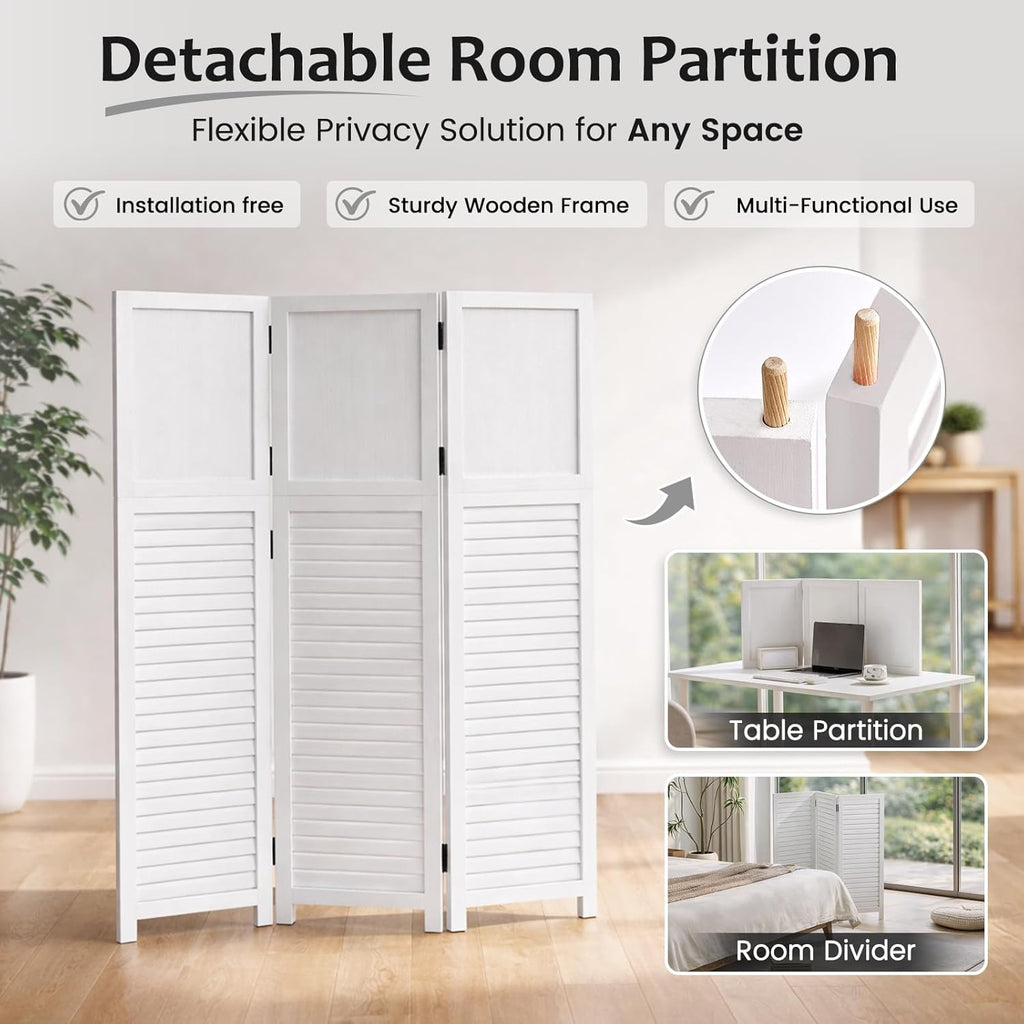 Short Room Divider 3 Panel, 51" H Modular Detachable Wall Partition, Louver & Solid Wood Privacy Screen for Clutter Concealing, Small Space Division for Home Office, White