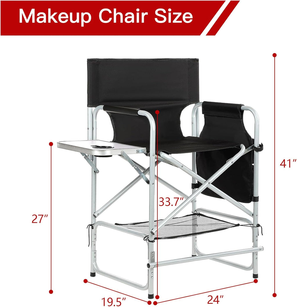 Tall Makeup Chair 41'', Director Chair 600 lbs Foldable Portable, Makeup Chair for Makeup Artist with Table, Cup Holder, Storage Bag & Footrest