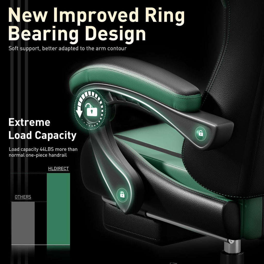 HLDIRECT Gaming Chair, Ergonomic Video Game Seat with 360° Swivel & Lumbar Massage, Computer Chair PU Leather Cushion for Adults Home/Office Use (Black & Green)